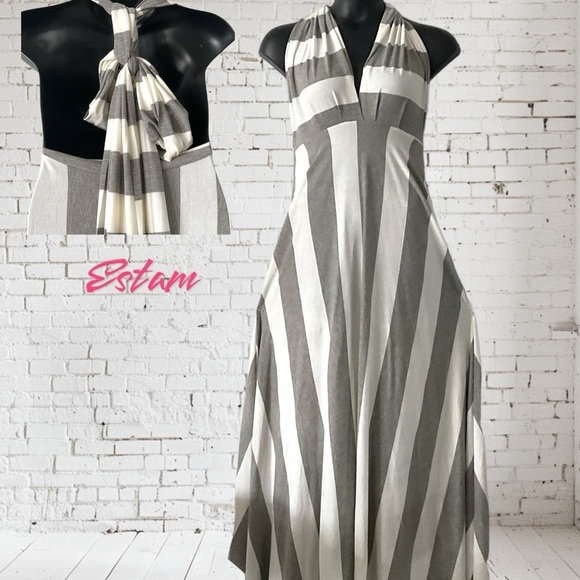 ESTAM Plunge Neck Halter Maxi Dress Sexy Gray White Chevron Strip Romantic SZ L - Picture 1 of 9